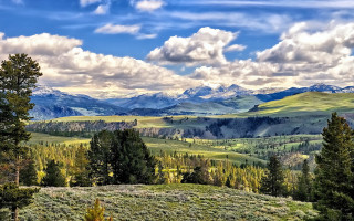 Mountain range trees clouds sky 5 - scenic free wallpaper