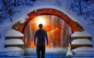 Waterfall swan clock forest architecture - magical free wallpaper for desktop