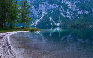 Lake mountains trees sandy shore - sandy free wallpaper