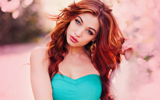 Red hair blue dress pink - a character portrait free wallpaper for desktop