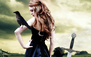 Woman black dress holding bird - epic fantasy free wallpaper