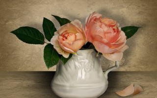 Pink flowers white vase leaves - two pink flower free wallpaper