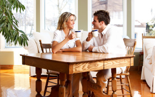Man woman coffee smile romantic - a man and woman sitting free wallpaper