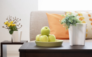 Bowl apples vase flowers living - a couch and a table free wallpaper