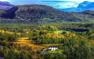 House forest mountains blue sky - hdr free wallpaper