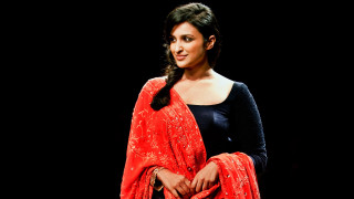 Woman red sari black background - canvas painting free wallpaper