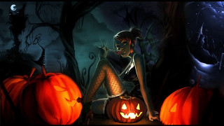 Forest night pumpkin lantern woman - a full moon free wallpaper