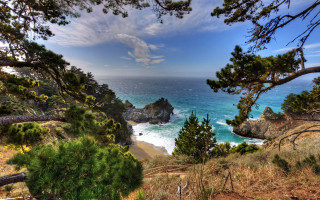 Scenic ocean hilltop trees blue - scenic free wallpaper