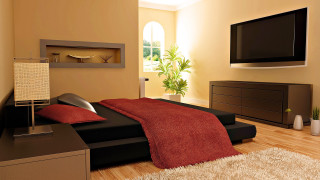 Bedroom red blanket digital rendering - enguerrand quarton free wallpaper