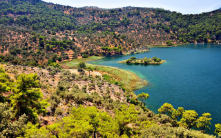 Lake trees mountains blue sky 13 - small free wallpaper