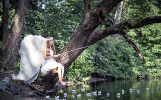 Angel sitting on tree lake - a leash free wallpaper