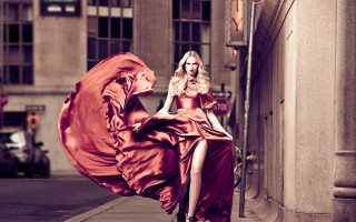 Red dress umbrella sitting city - a ledge free wallpaper
