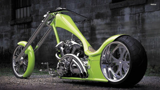 Green motorcycle parked building black - ed roth free wallpaper