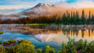 Mountain lake forest bridge clouds - a lake in the foreground and trees free wallpaper