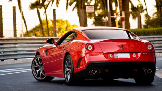 Red sports car driving palm - a red sports car free wallpaper