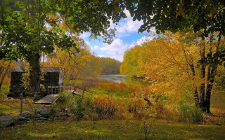 House woods lake autumn leaves - a painting of a house free wallpaper
