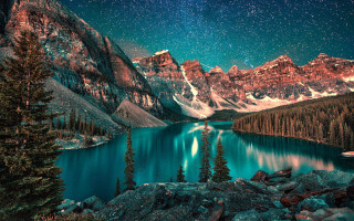 Lake mountains night sky forest - a forest below free wallpaper