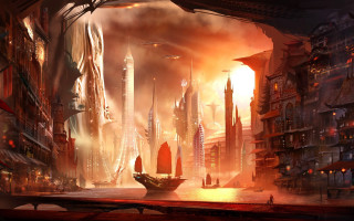 Futuristic city boat tall buildings - matte painting concept art free wallpaper
