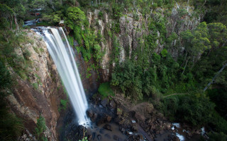 Waterfall forest house people tilt - a forest in the background free wallpaper