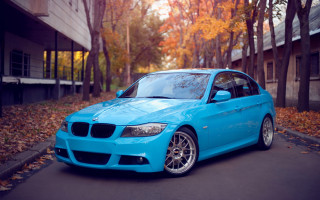 Blue car autumn leaves road - a building and trees free wallpaper