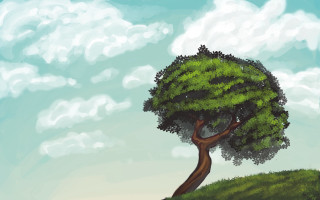 Tree hill clouds blue sky - a painting of a tree free wallpaper