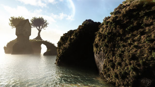 Tree rock ocean cliff forest - a matte painting free wallpaper for desktop