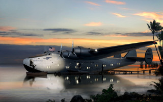 Plane water sunset dock palm - matte drawing free wallpaper
