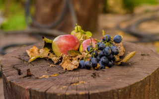 Wooden stump fruit leaves still - a bunch of fruit free wallpaper