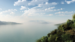 Mountain lake beach sky clouds - a large body of water free wallpaper