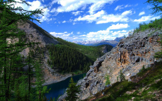 Mountain lake forest clouds sky 4 - a forest in the background free wallpaper