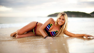 Beach bikini blonde smiling sand - seductive free wallpaper