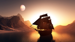 Ship ocean sunset mountains matte - matte fantasy painting free wallpaper