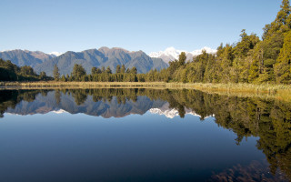 Lake mountains trees sky reflections - tree and mountains free wallpaper