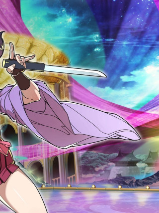 Woman purple outfit sword colorful - a sky free wallpaper