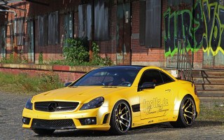Yellow mercedes slk graffiti building - matte finish free wallpaper