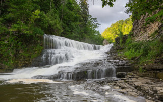 Waterfall forest rocks impressionist scene - alexander brook free wallpaper