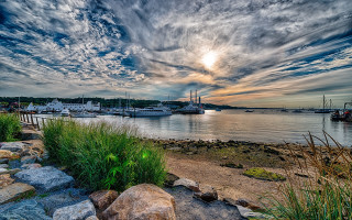 Sunset harbor boats rocks grass - fitz henry lane free wallpaper