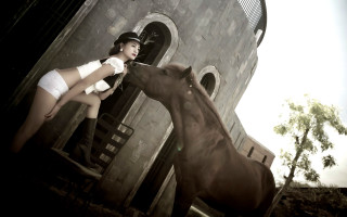 Woman white dress feeding horse - a clock tower free wallpaper
