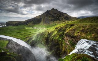 Waterfall lushgreen hillside cloudy sky - lush free wallpaper for desktop