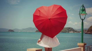 Woman red umbrella lake mountains - over the water free wallpaper