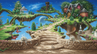 Fantasy landscape waterfall bridge castle - matte fantasy painting free wallpaper