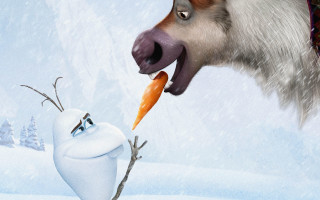 Cartoon carrot snowman snowy landscape - tree and snow free wallpaper