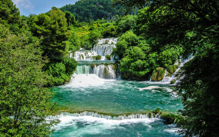 River waterfall trees bushes blue - avgust černigoj free wallpaper