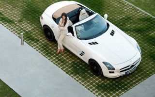 Woman white sportscar driveway grass - luxury free wallpaper