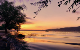 Sunset lake tree boat mountain - impressionist free wallpaper