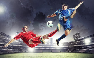 Night soccer players fullmoon stadium - two man free wallpaper
