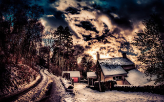 Snowy forest house train track - winter free wallpaper for desktop