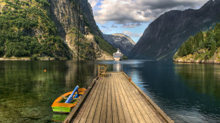 Lake mountains boat pier landscape - evgeny lushpin free wallpaper