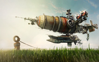 Man pulling barrel boat fantasy - dieselpunk free wallpaper
