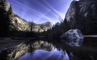 Mountain lake rock forest sky - wispy free wallpaper